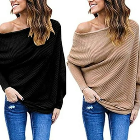 Women's Off Shoulder Bat Wings Loose Pullover Sweater Knit (Best Shops For Sweaters)