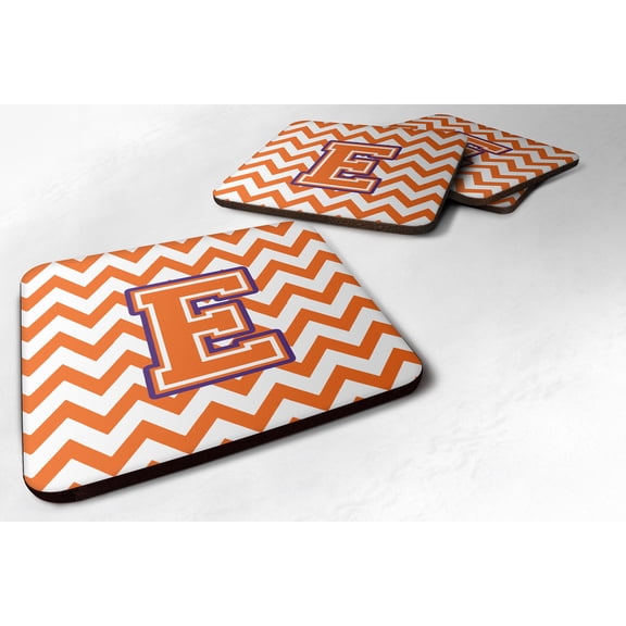Letter E Chevron Orange and Regalia Foam Coaster Set of 4