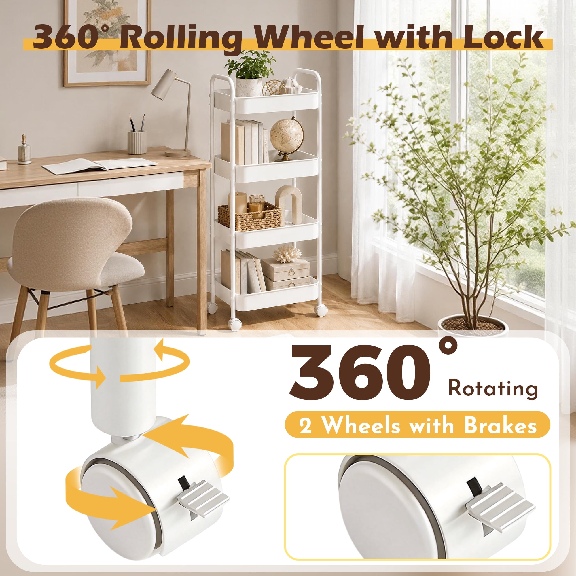 4‑Tier Rolling Metal Storage Cart, Metal Rolling Utility Cart, Mobile Utility Organizer Shelf with Lockable Wheels, Multifunctional Rolling Trolley for Kitchen, Bathroom, Living‑Room and Bedroom