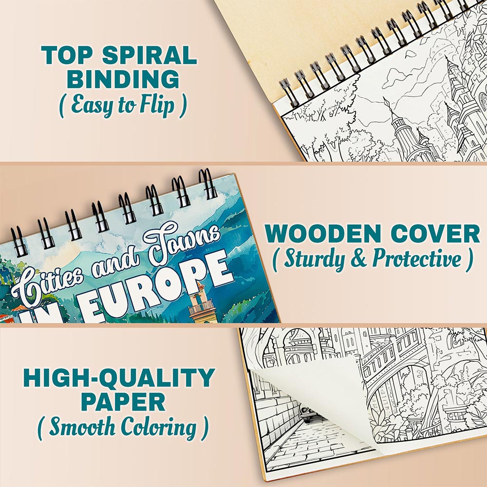 Netecom Cities and Towns In Europe Coloring Book Spiral Bound For Adults, A5 Wooden Cover, 30 Charming Coloring Pages in Historic European Architecture for Stress Relief and Relaxation