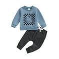 thumbnail image 2 of Elippeo Toddler Boys Fall Outfits 6 12 18 24 Months 3 Years Checkerboard Ghost Print Crew Neck Long Sleeve Sweatshirts and Long Pants 2Pcs Halloween Clothes Set, 2 of 10