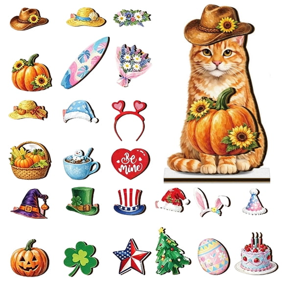 Interchangeable Magnetic Cat Wooden Desk Decor, Seasonal Animal Tabletop Stand with Swap Hats for Farmhouse Home Office Tiered Tray