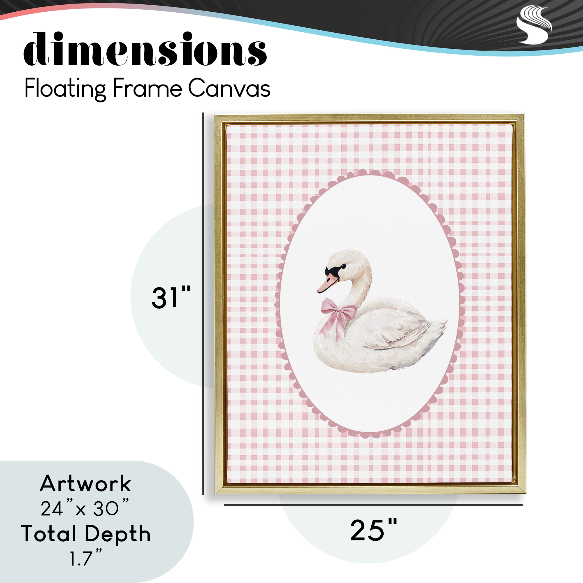 Gentle Swan on Pink Checkered Gold Framed Floater Canvas Wall Art, design by Christine Simpson Art