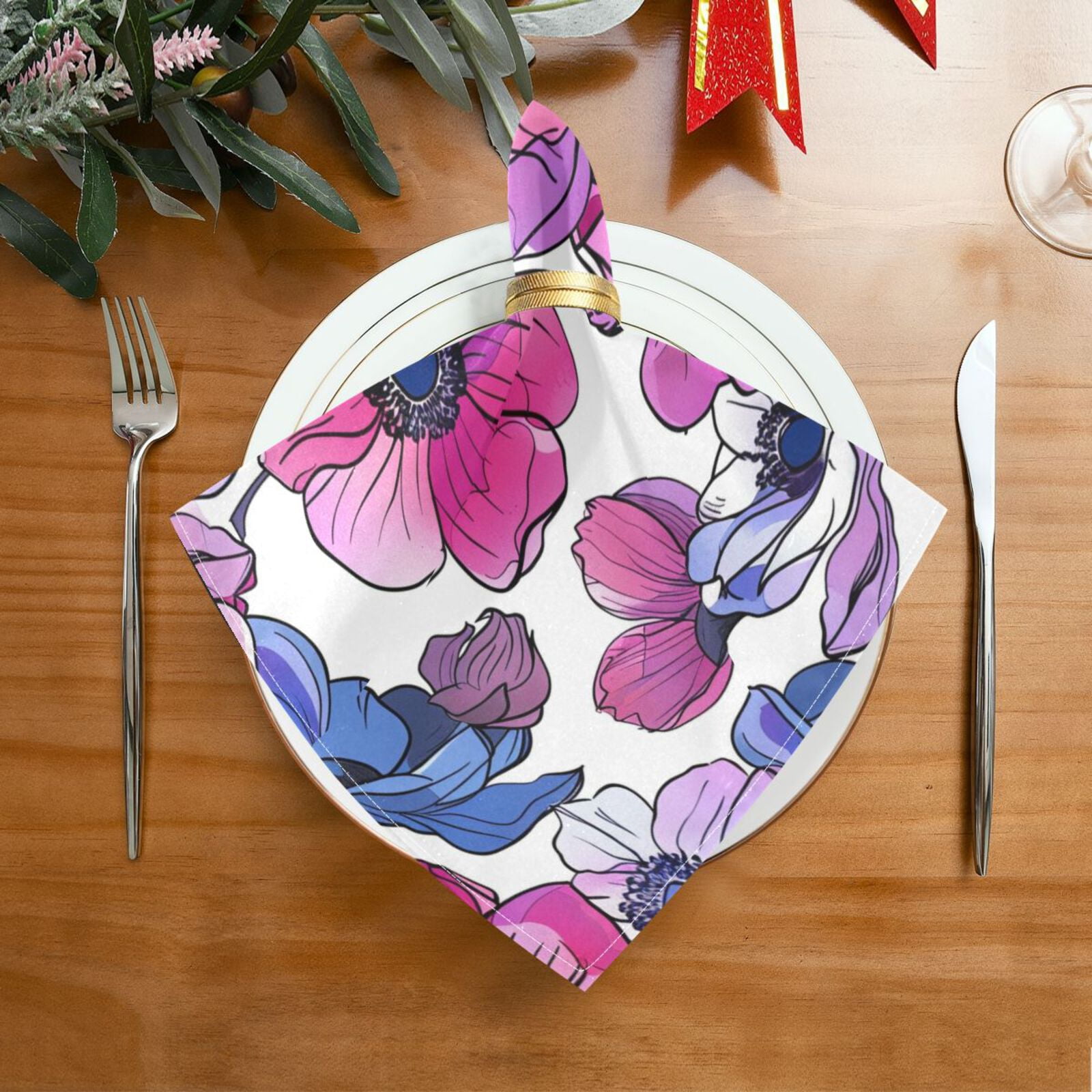 JSTEL Anemone Flower Pink & Purple Cloth Napkins Set of 6, 20x20 Inch Washable and Reusable Napkin for Decoupage Dinner Party Everyday Use