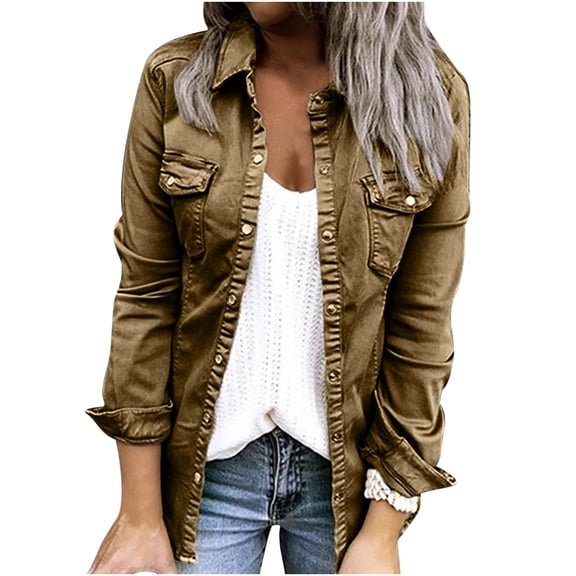 Fesfesfes Coat for Women Solid Casual Jacket With Lapel Pocket Denim Stitching Coat Sale Items