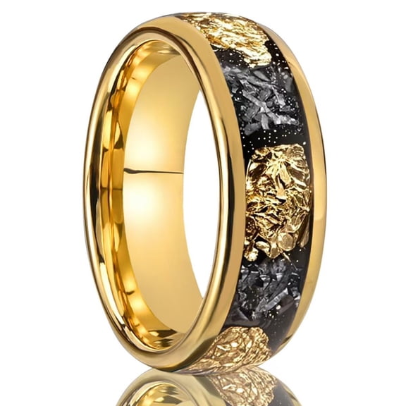 8mm Wide Gold-plated Tungsten Carbide Ring with Crushed Gold Flakes and Meteorite Inlay for Men