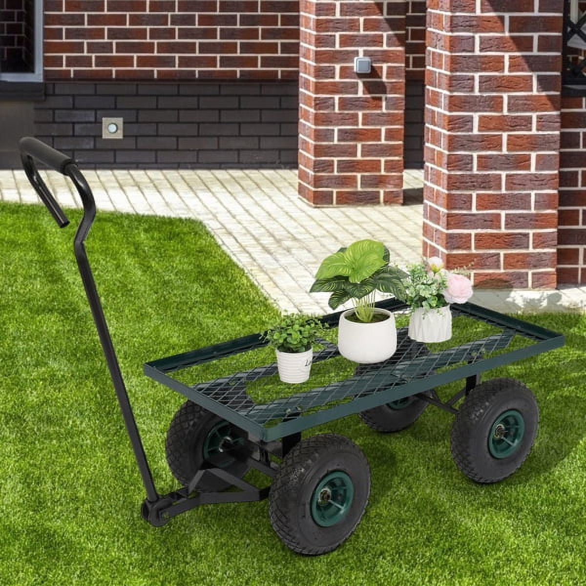 Green Garden Iron Wood Four Wheel Square Wagon – Heavy-Duty Utility Cart with Easy Maneuverability, Rust-Resistant Finish & Comfort Grip for Gardening, Yard Work & Outdoor Hauling