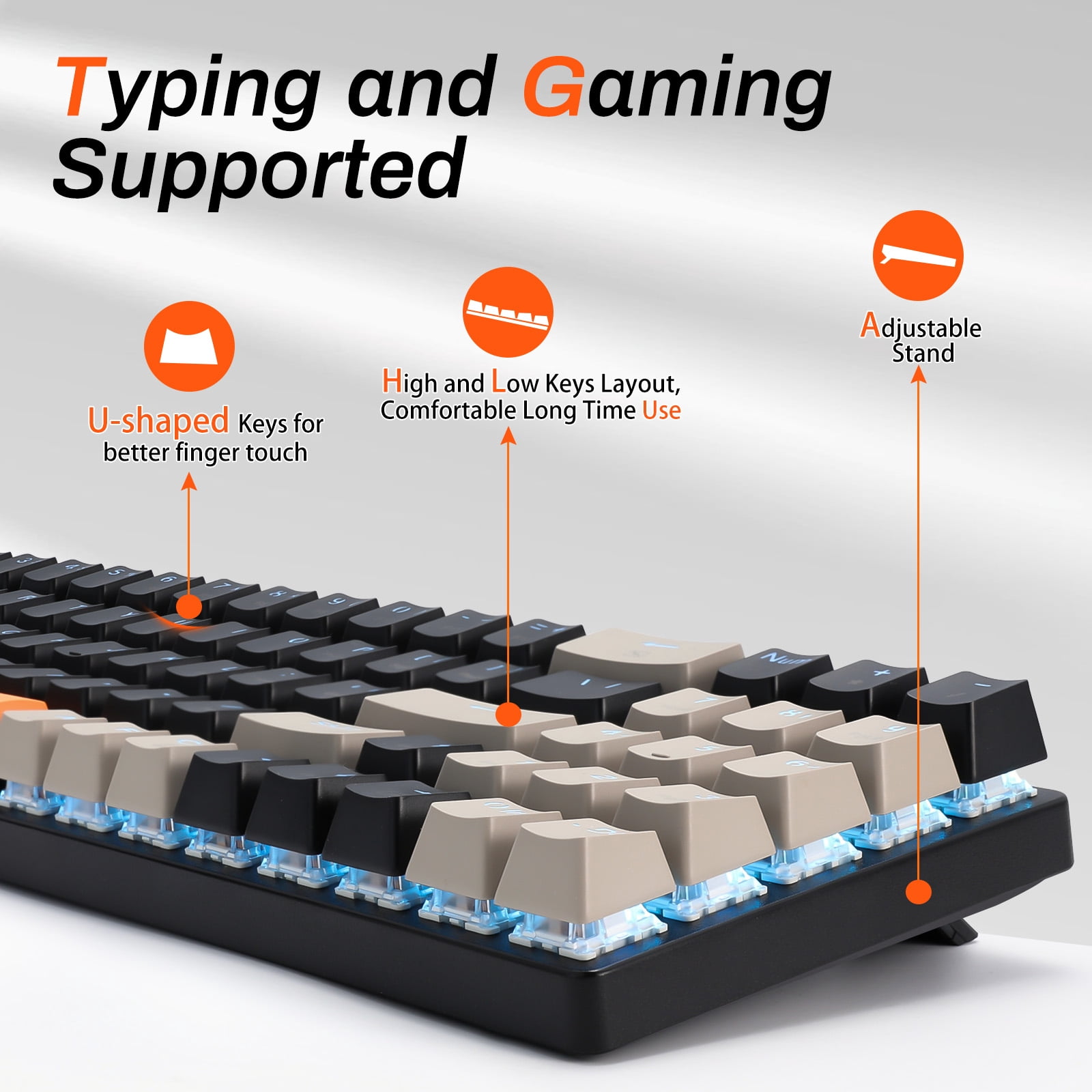 HUO JI USB Mechanical Keyboard Wired with Number Pad, Led Backlit, Blue Switch, Compact 78 Keys for PC/Computer/Laptop Gaming and Office, Black/Grey