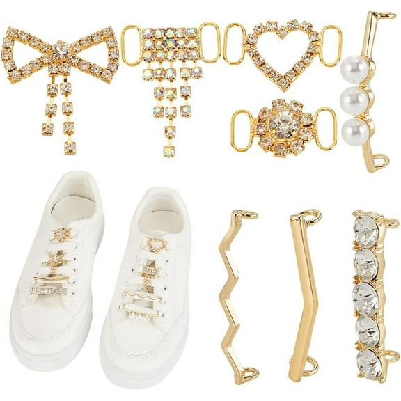 8Pcs Gold Shoelace Charms for Sneakers 8 Styles Shoelace Decorations Charms Clips Shoe Buckles Shoe Clips for Women Crystal Rhinestones Shoes Accessory for Sneakers Casual Shoes