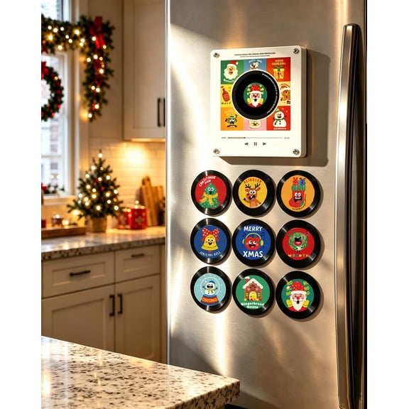 Christmas Mini Vinyl Record Player,Fridge Record Nfc Magnetic Music Box Set,Jingle Vinyl Player Fridge Magnet Music Player with 9 Nfc Discs and Phone-Free Playback for Christmas Decor and Gifting