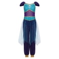 thumbnail image 3 of TiaoBug Kids Arabian Princess Jumpsuit for Girls Belly Dance Outfit Sequin Tulle Overlay Pants Romper Blue 6, 3 of 6