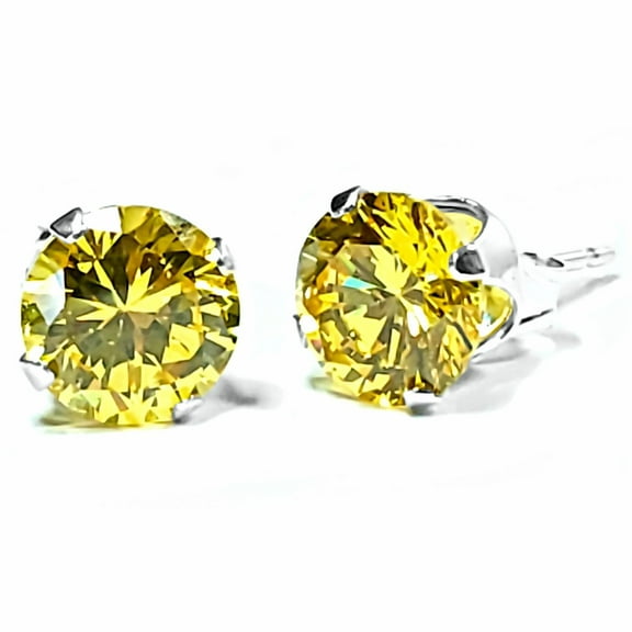 8mm Brilliant Cut Yellow Citrine Ice CZ Sterling Silver Unisex Stud Earrings