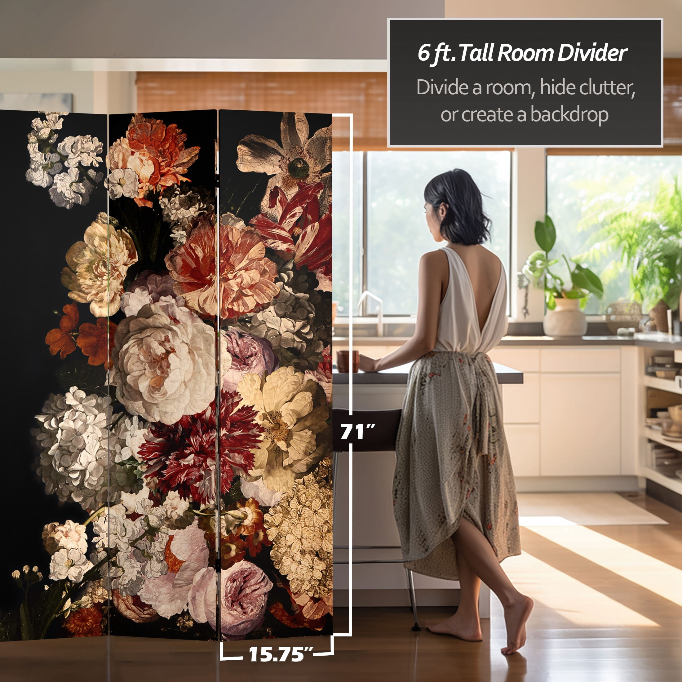 Oriental Furniture 6 ft. Tall Vintage Flowers Canvas Room Divider - 3 Panel