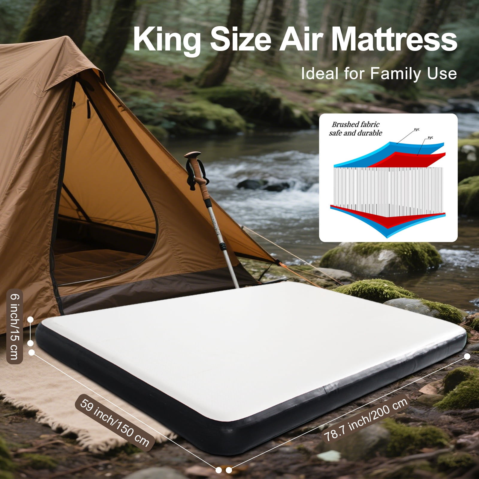 OZVMZQ King Size Inflatable Air Bed Mattress, 6'' Elevated Pad, with Pump, White, Hypo-Allergenic, Portable, Outdoor Camping Mat