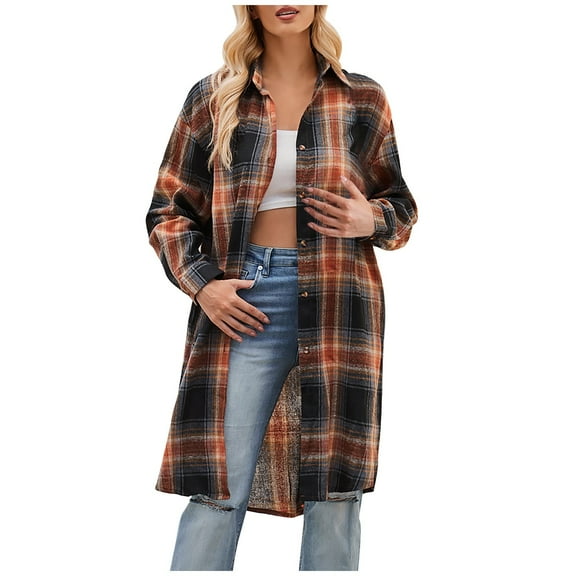 DeHolifer Women's Shacket Jacket Casual Button Plaid Wool Blend 2023 Winter Tartan Trench Coat with Pockets Khaki XL