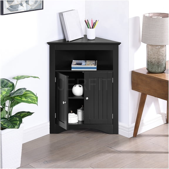 JERFIT Corner Storage Cabinet with Doors & Shelves, 32.3" Freestanding Floor Organizer for Bathroom, Kitchen & Living Room, Black