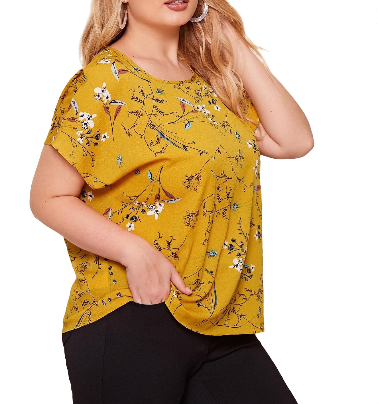 Boho All Over Print Round Neck Top Short Sleeve Mustard Yellow Plus