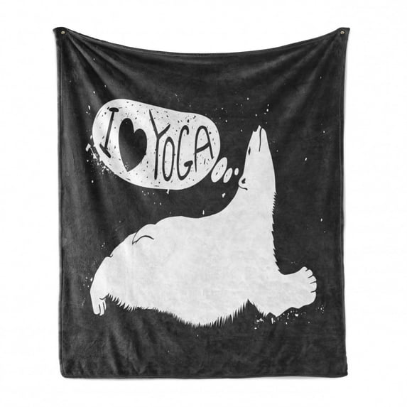 Yoga Soft Flannel Fleece Throw Blanket, Polar Bear Saying I Love Yoga Grunge Wildlife Illustration, Cozy Plush for Indoor and Outdoor Use, 50" x 70", Charcoal Grey White, by Ambesonne