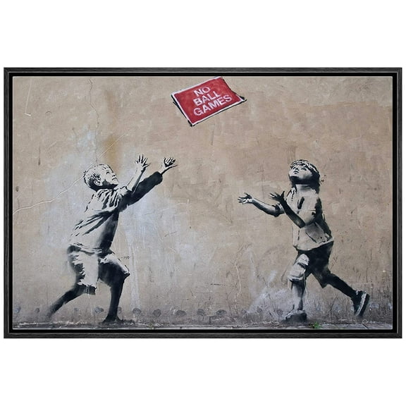 wall26 Framed Canvas Print Wall Art Banksy No Ball Games Graffiti & Street Art Pop Culture Illustrations Pop Art Bohemian Multicolor Dark for Living Room, Bedroom, Office - 16"x24" Blac