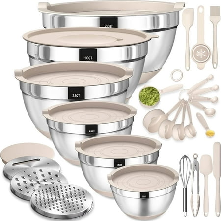 Mixing Bowls with Airtight Lids, AOKIWO 26Pcs Stainless Steel Nesting Non-Slip Bottoms Mixing Serving Bowls Set wtih 3 Grater & Tools Gadgets, 7/4/2.5/2.5/1.5/1QT Metal Salad Bowls for Serving Preppi