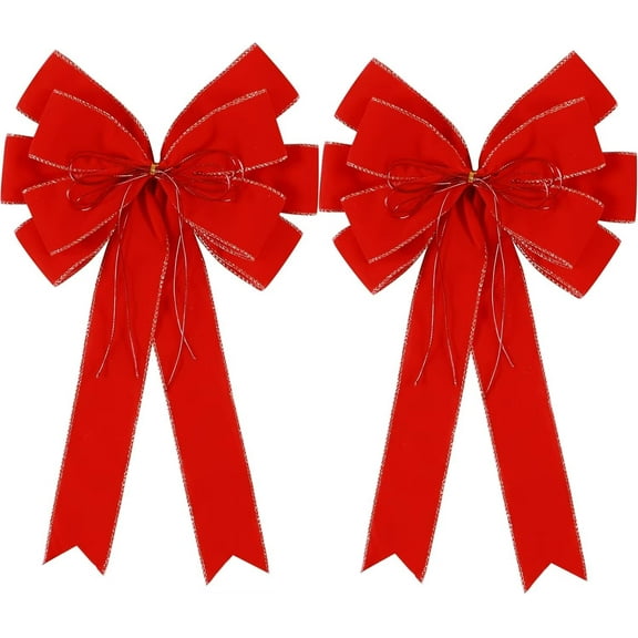 Pakyozj 2 Pack Red Christmas Bows Outdoor Decorations,12”x20” Large Velvet Wreath Bow with Glitter String Gold Edge for Xmas Tree Topper Home Front Door Decor