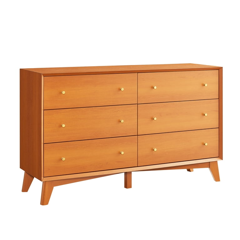 OKD Mid Century 6 Drawer Double Dresser 54 Modern Wood Storage Side Cabinet Chest of Drawer for Bedroom Living Room Cherry