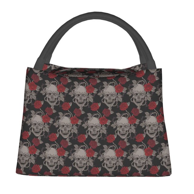 Balery Skull and Red Roses Bolsa de Aislamiento Portátil – Bolsa de Almuerzo con Forro de Aluminio Mejorado, Funda Impermeable y Fácil de Limpiar para Picnic y Caja de Almuerzo