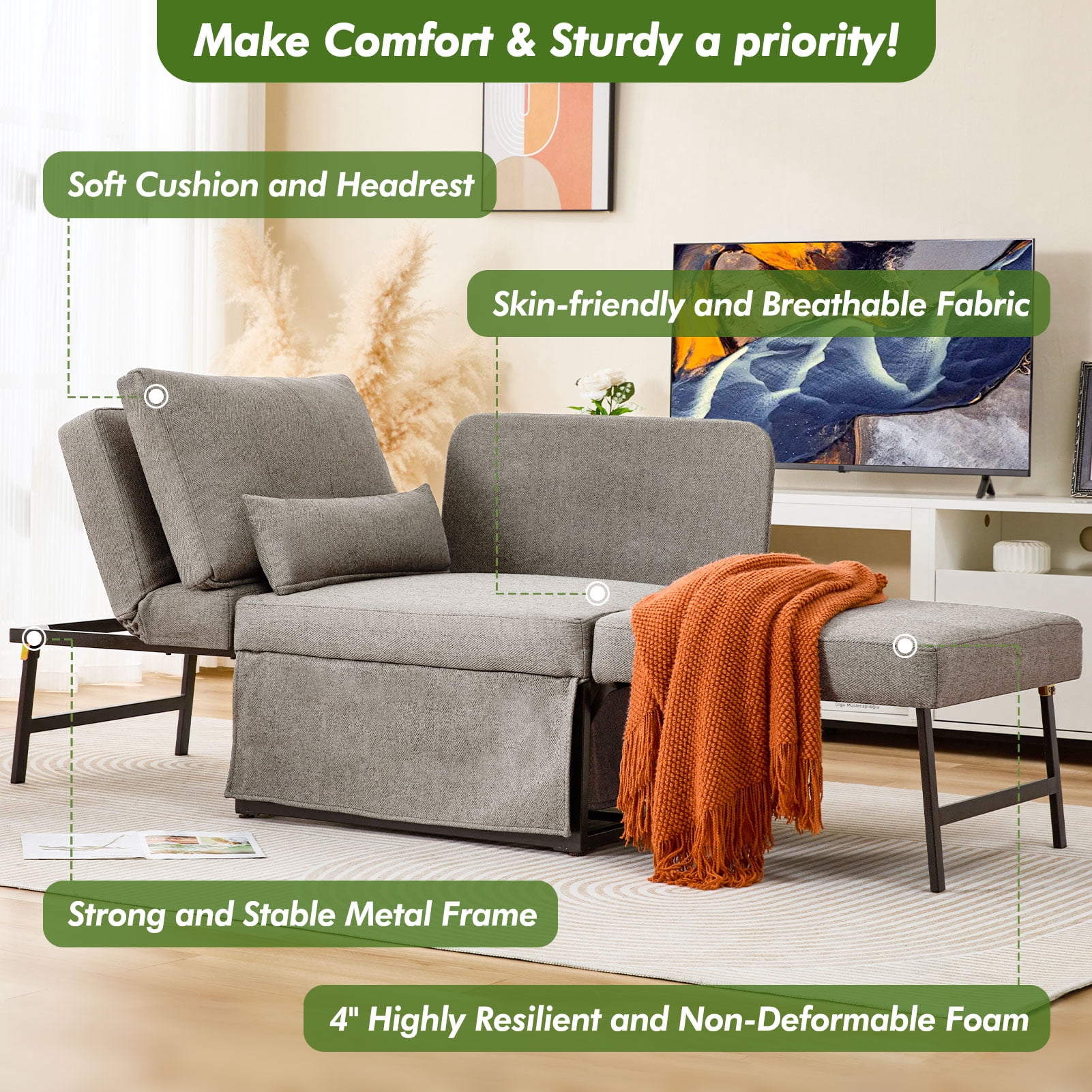 zzw 5-in-1 Convertible Sleeper Sofa Chair, Adjustable Linen Folding Ottoman Bed, Assembly-Free for Apartment Living Room