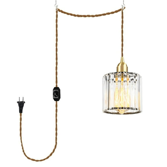KAYYELAMP Vintage Brass Base Crystal Shade Black Metal Pendant Light 15ft Plug In Dimmable Cord Nordic Style Hanging Lamp For Dining Room Table Stairs Kitchen(No Bulb)