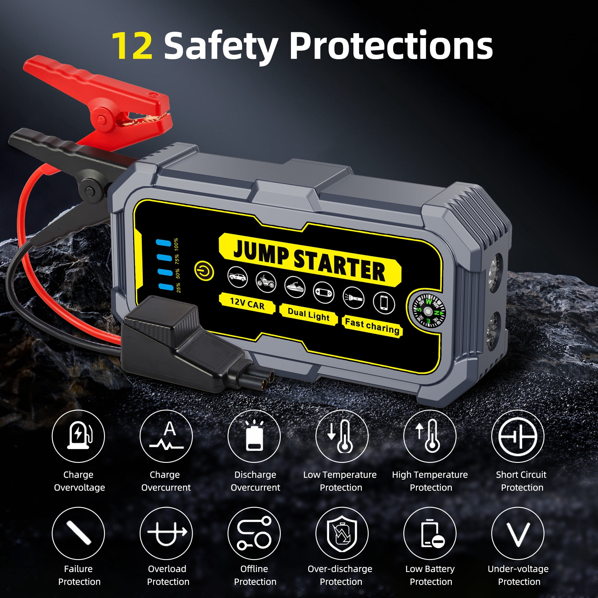Panpaddle 4000A Car Jump Starter, 37000mWH Portable Power Bank for 12V Gas/Diesel Engines, with LED Light, Compass & Quick-Charge