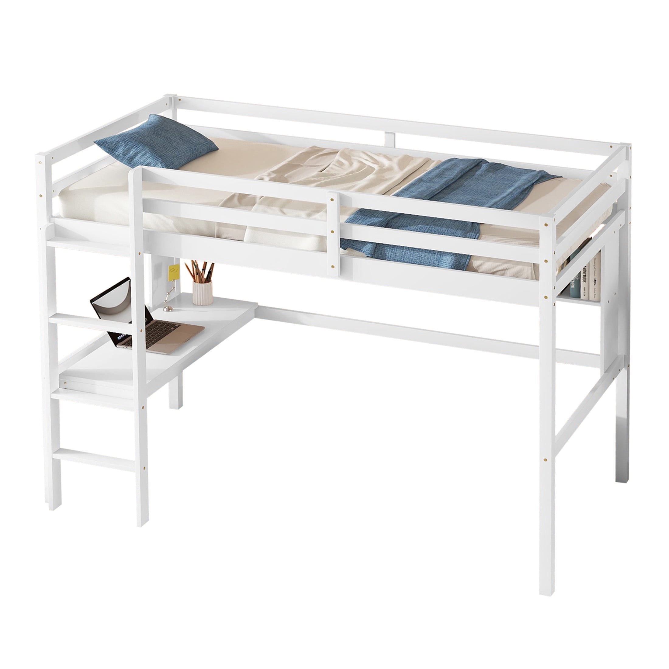 Noble House Sparkling Twin Loft Bed with Built-In Desk and Shelves, Pine Wood Frame with Ladder and Guardrails, White