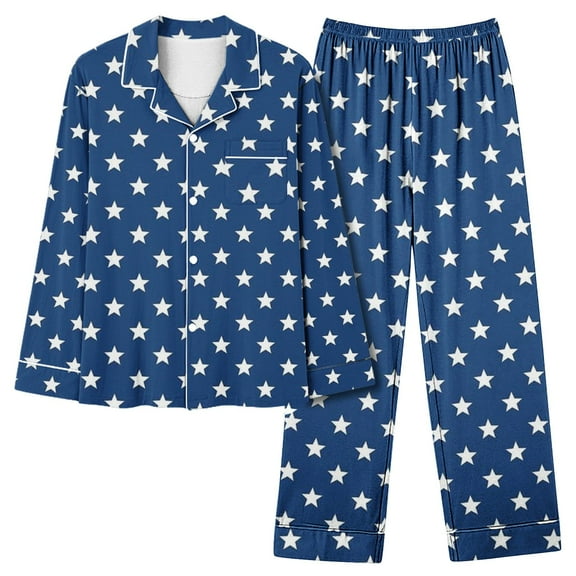 CALAFEBILA Pijama Set for Woman Womens Button Down Pajamas Nightwear Notch Collar Star Print Tops with Pocket and Pants