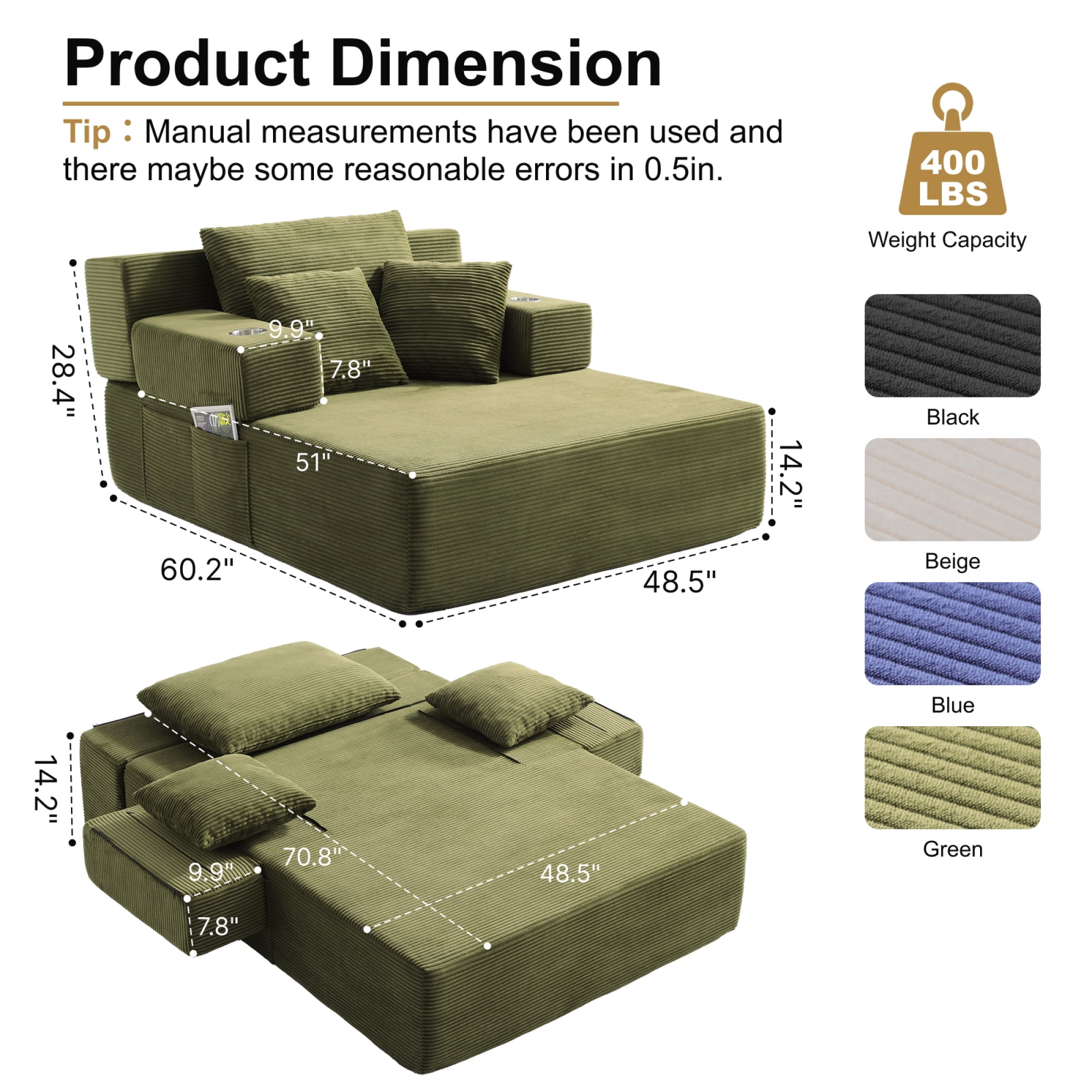 Leumius 70.8'' Oversized Chaise Lounge Chair Indoor,Plush Corduroy Upholstered Cloud Sofa Bed for Living Room,No Assembly Required,Green