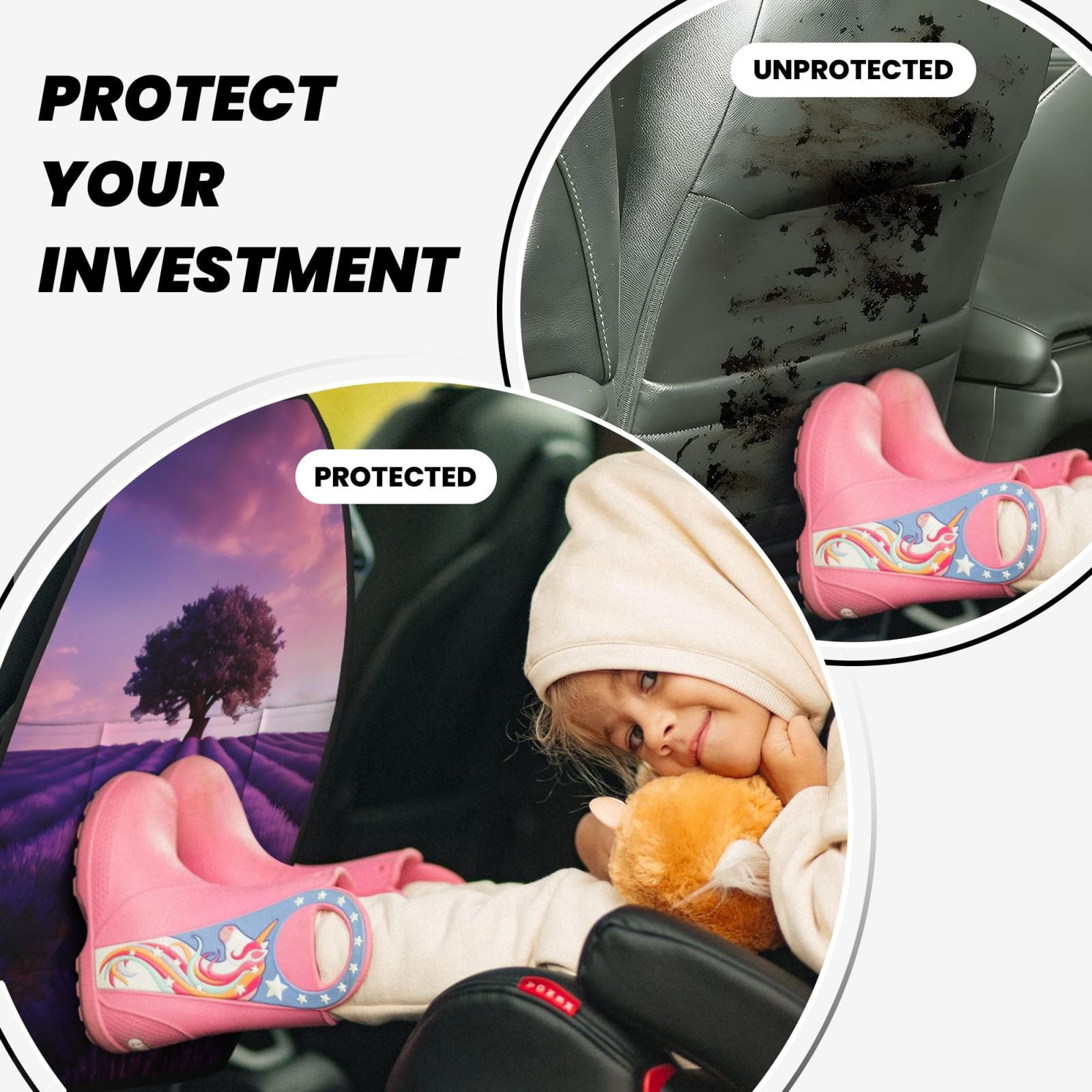 Kdxio Lavender Field Sunset Print 2 Pack Car Kick Mat Seat Cover Back Protector Mat with Pockets for Organizer Backseat Protector and Storage Anti Kick Pad for Vehicles
