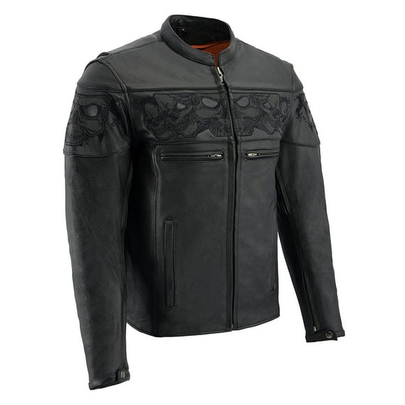 Milwaukee Leather MLM1500 Men's Crossover Black Leather Scooter Jacket with Reflective Skulls - Large