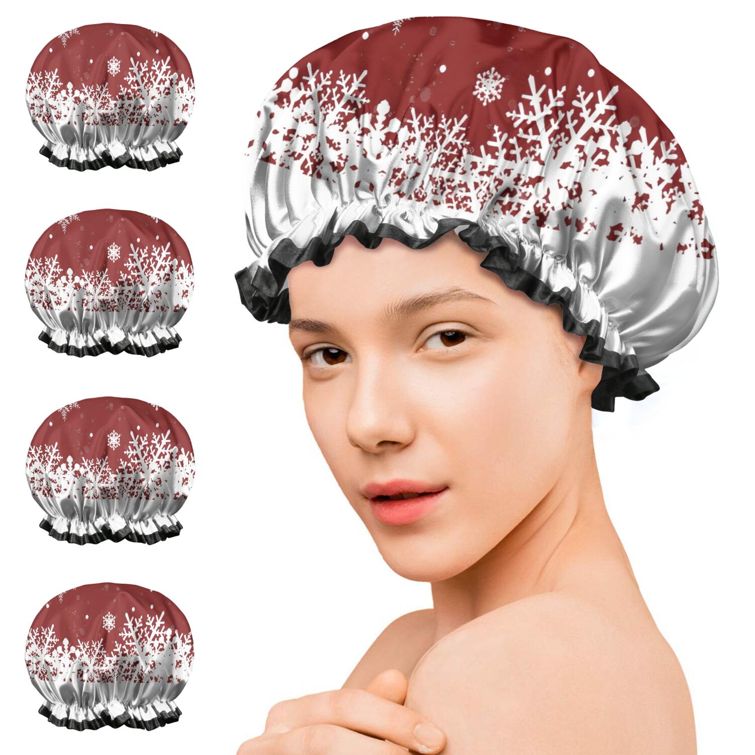Shower Caps,Red Christmas Snowflake Pattern Waterproof Shower Cap for Women 4 Pieces,Double Reusable Hair Cover for Shower PEVA Elastic Stretch Hem