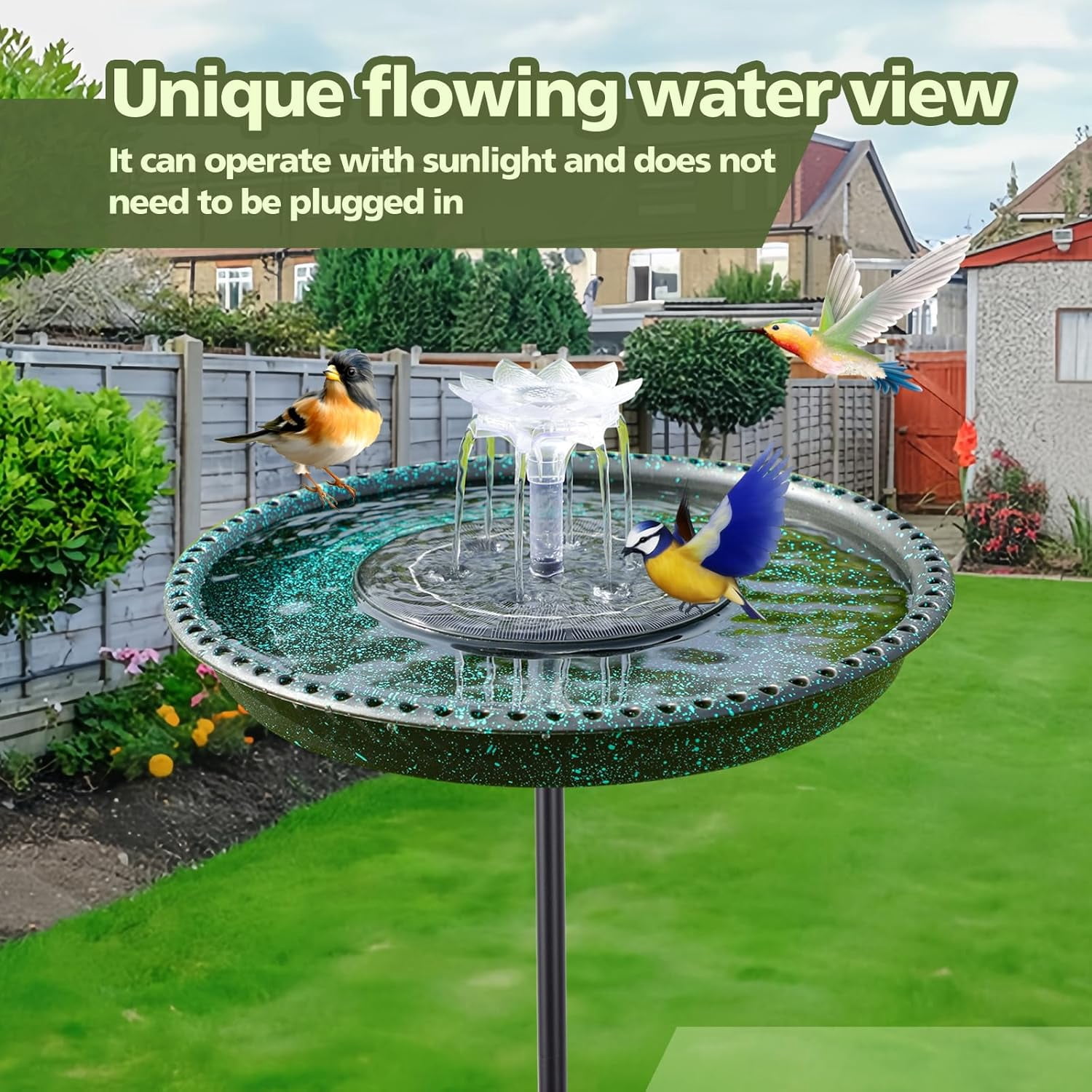 Bird Bath with Solar Powered Fountains for Hummingbirds,Stable Stylish Design with 5-Prong Base Stake Plastic Bird Bath for Outside Patio Yard Garden(Gift)