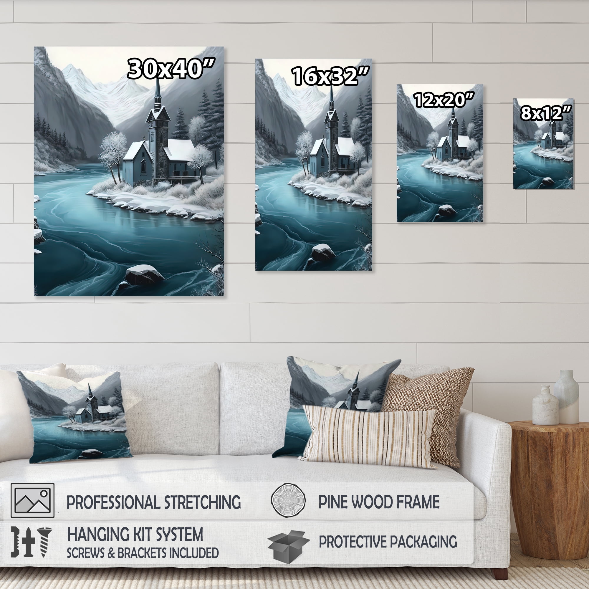 Designart Church On A Lake In Winter III Canvas Wall Art
