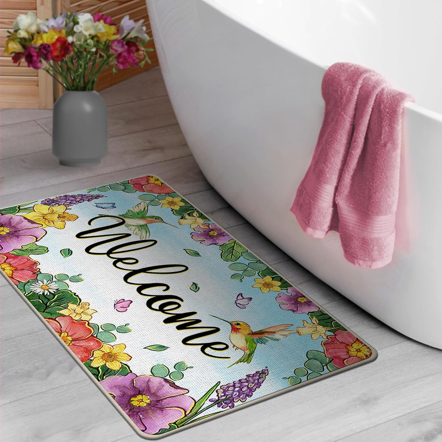 Welcome Spring Summer Flower Decorative Front Door Mat, Hummingbird Morning Glory Floral Doormat Indoor Outdoor Non-Slip Floor Entryway Rug, Daffodil Hyacinth Home Kitchen Decoration 17x29 Inch