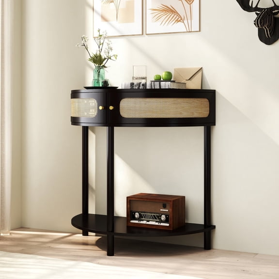 Black Half Moon End/Console Table - Sliding Rattan Door, 2 Storage Cabinets & Bottom Shelf for Living Room/Bedroom/Study/Hallway