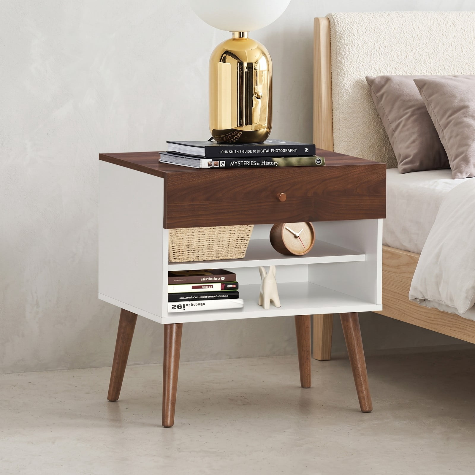 Furnibear Mid Century Nightstand with Drawer and Open Shelf and Rubber Wood Legs for Bedside Storage in the Bedroom, Walnut and White