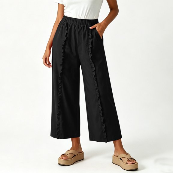 KIHOUT Women Wide Leg Pants with Side Ruffle Detail High Waisted Loose Fit Elastic Waist Casual Baggy Trousers with Pockets Solid Color Long Pants for Summer Beach Vacation Daily