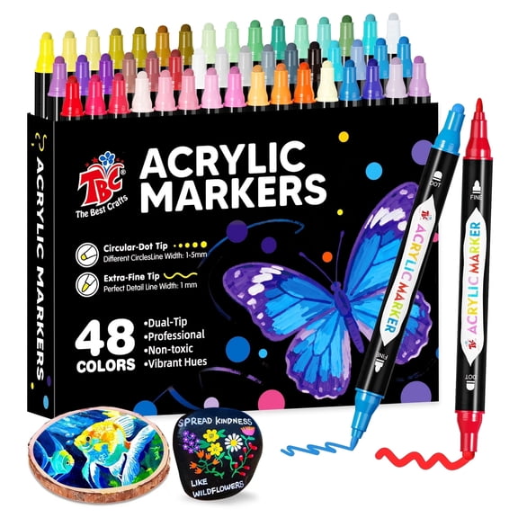 TBC The Best Crafts 48 Colors Dual Tip Acrylic Paint Markers, 1mm Fine & 1-5mm Dot Tip, Non-Toxic for Wood Canvas Rock Fabric Pumpkin DIY Art Supplies