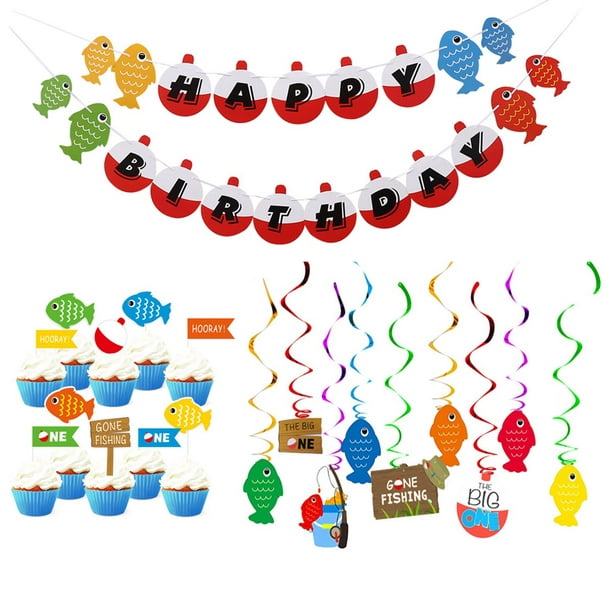 26pcs in 1 Set Gone Fishing Theme Party Spiral Decoration Party Fish Banner  Cake Topper for Birthday Ornament (1pc Banner, 15pcs Spiral Decoration,  10pcs Cake Topper, Assorted Color) 