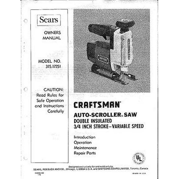 1978 Craftsman 315.17251 Saber Saw 3/4"-Stroke VS Auto-Scroller Instructions REPRINT