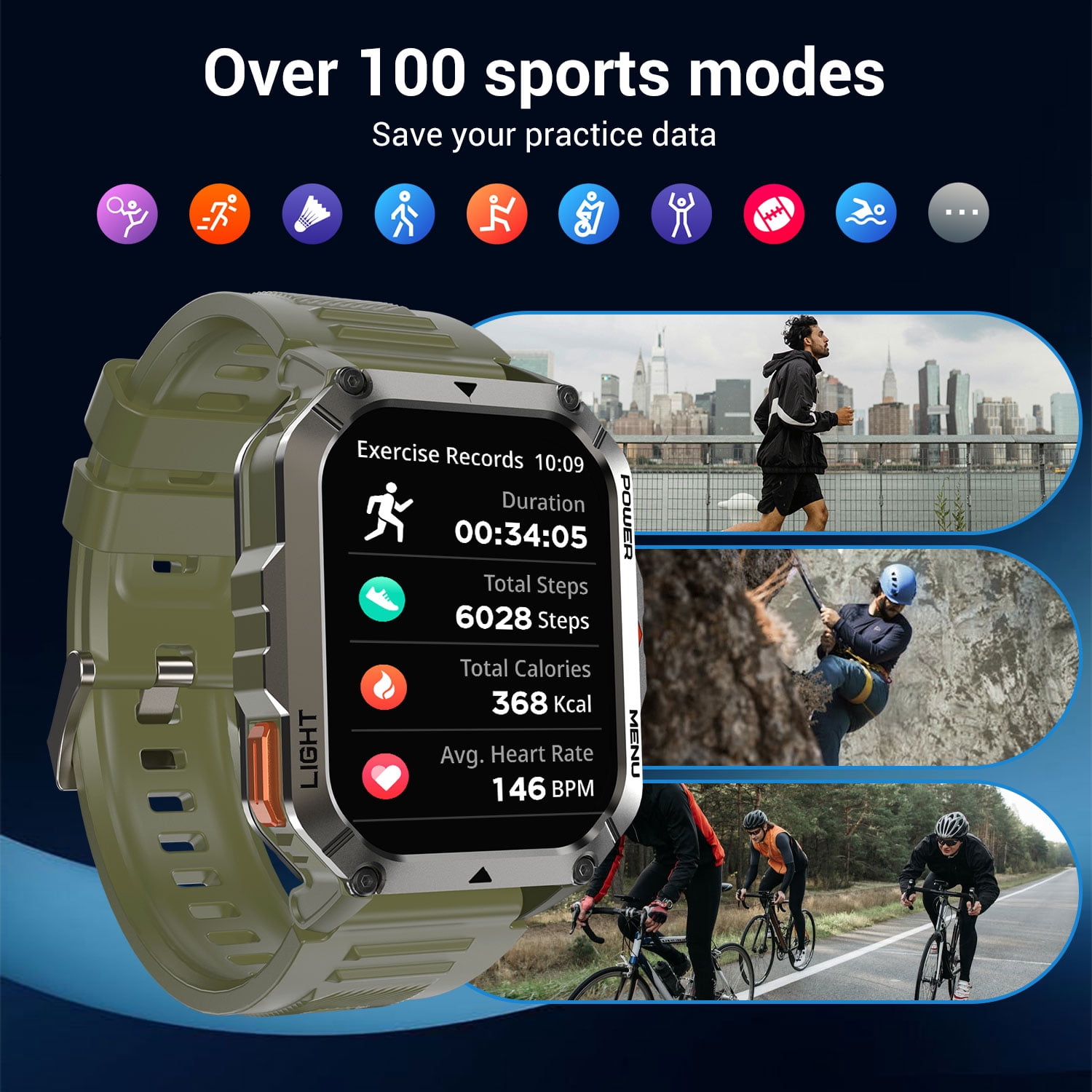 Blackview 2.01" Military Smart Watch for Men,with Calling,Flashlight,Compass,100+ Sports Modes,Large 900 mAh Battery,fits for Android iPhone,Green