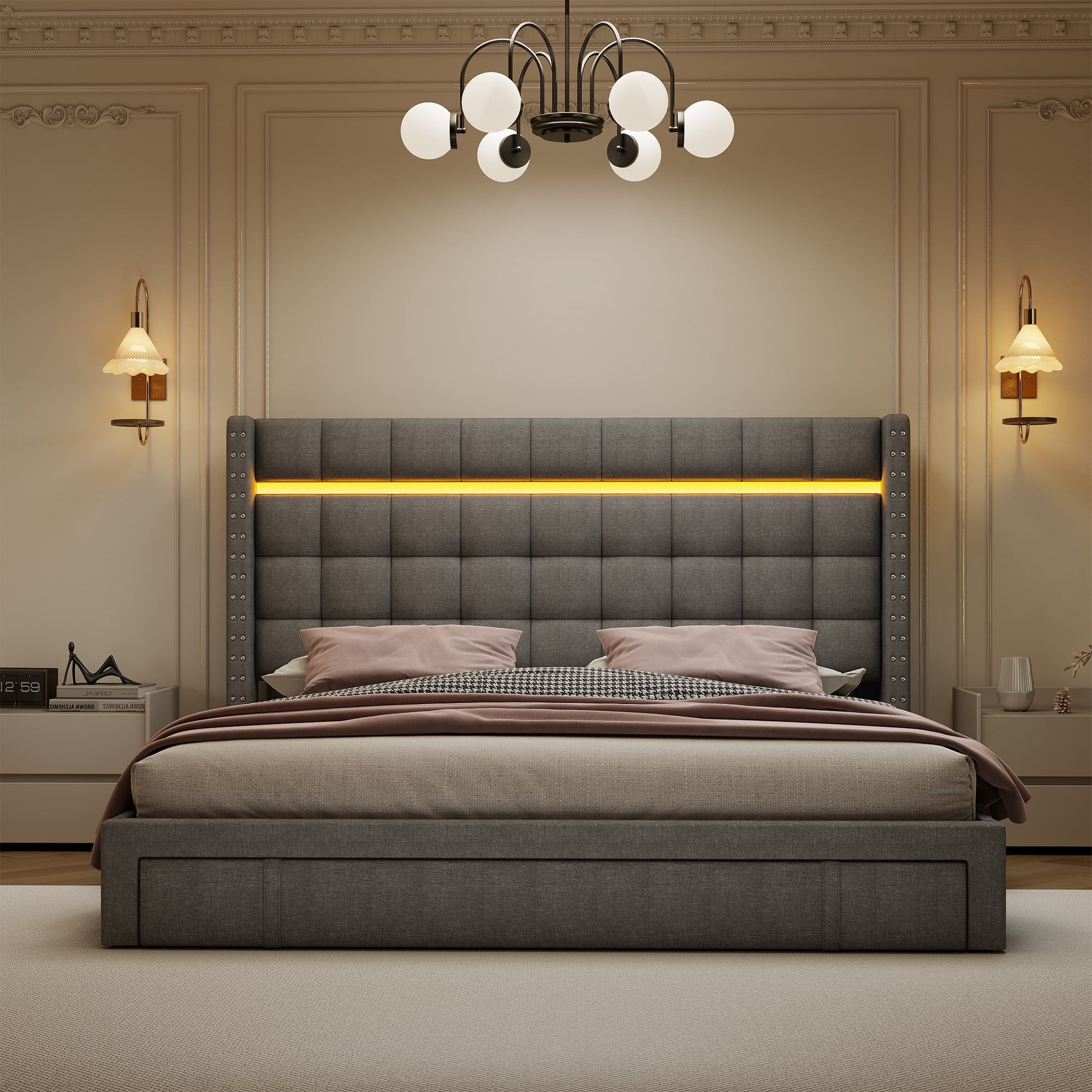 Queen Size Bed Frame with 3 Storage Drawers & LED Light Upholstered Bed Frame with Adjustable Headboard,Gray