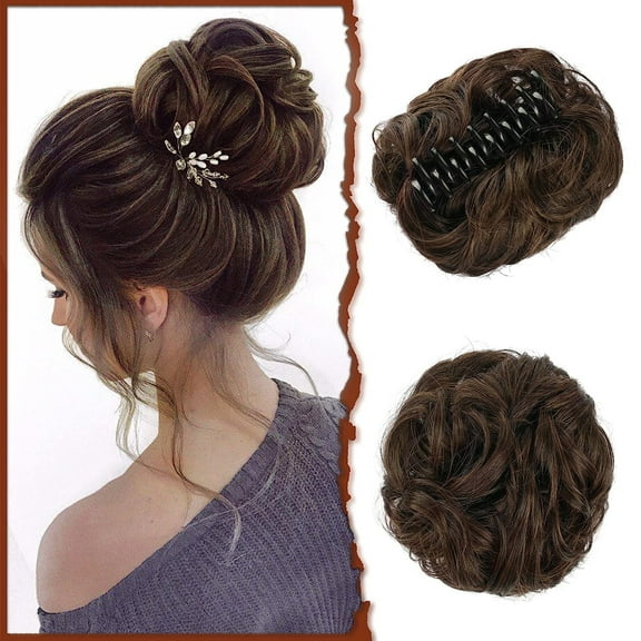 DOPI Claw Clip Messy Bun Hair Piece Wavy Curly Hair Bun Clip in Claw Chignon Ponytail Hairpieces Synthetic Tousled Updo Hair Extensions Scrunchie Hairpiece for Women, Gray and White Tips