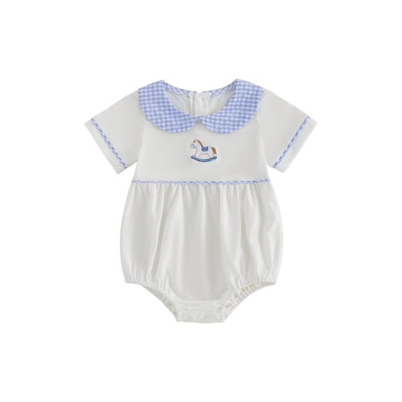 BemeyourBBs Newborn Baby Girl Boy Summer Clothes Baby Girls Boys 1st First Birthday Outfit 0 6 12 18 Months Bubble Romper Short Sleeve Cupcake Horse Embroidered Plaid Doll Collar Bodysuit Playsuit