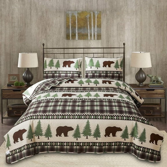 Jessy Home Rustic Quilts Queen/Full Green Plaid Bear Bedspread Microfiber Coverlet Set